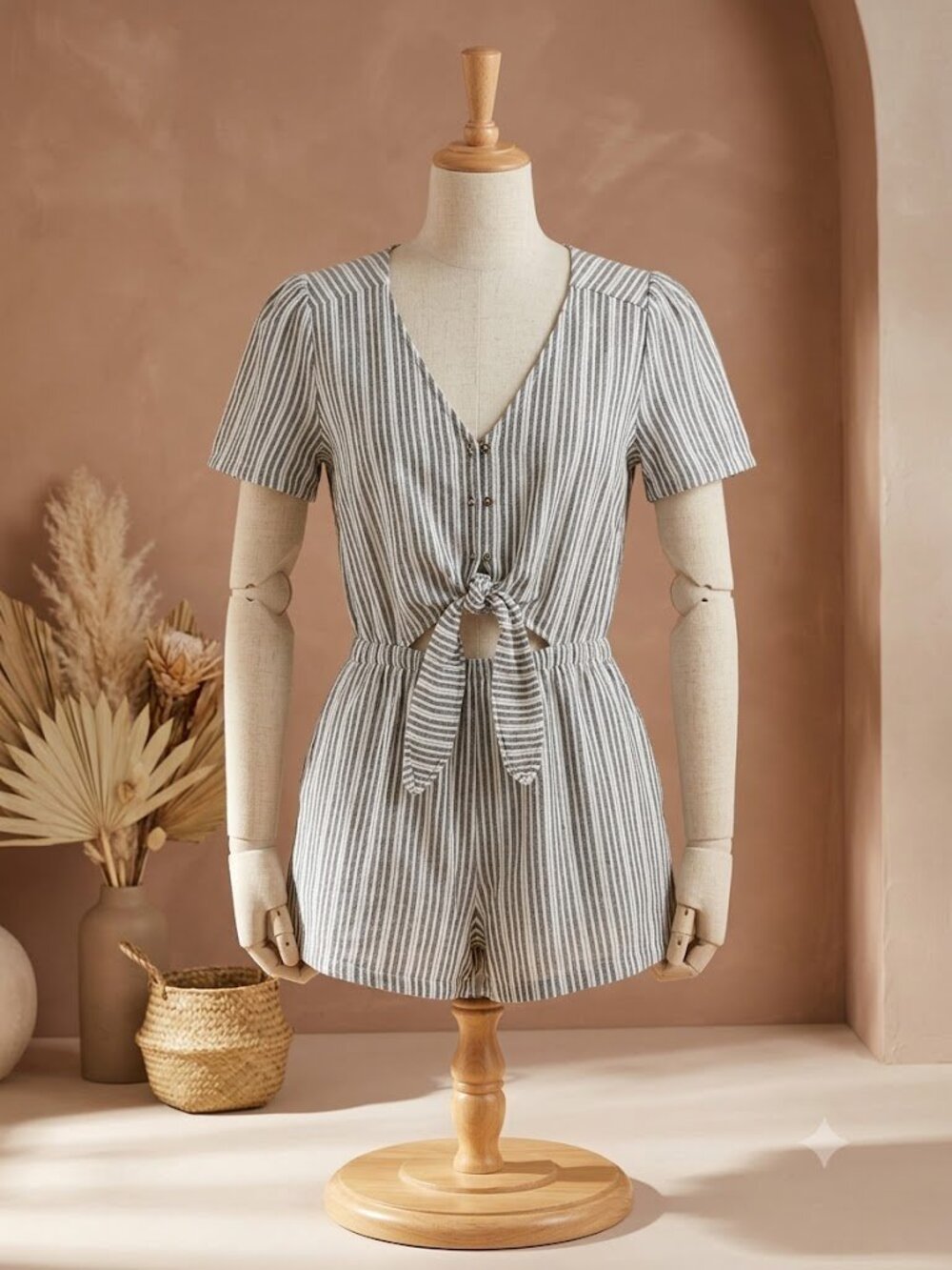 Lost + Wander Striped Romper Women's M Black White Tie Front V-Neck Short Sleeve